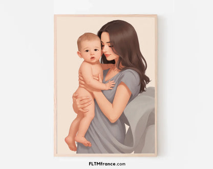 Affiche personnalisée dessin réaliste maman et enfant – Portrait digital illustration FLTM