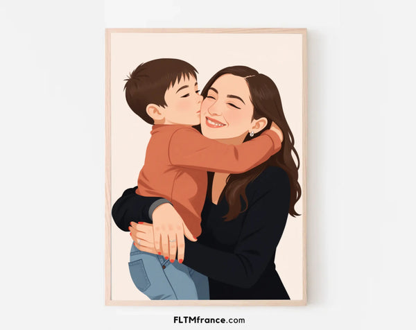 Affiche personnalisée dessin réaliste maman et enfant – Portrait digital illustration