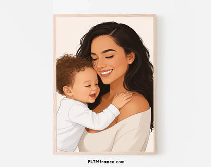 Affiche personnalisée dessin réaliste maman et enfant – Portrait digital illustration FLTM