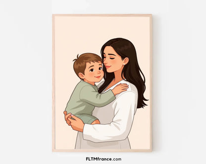 Affiche personnalisée dessin réaliste maman et enfant – Portrait digital illustration FLTM