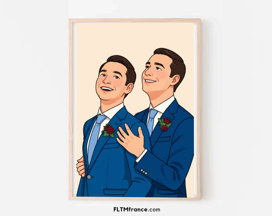 Affiche personnalisée dessin réaliste mariage LGBT – Portrait digital illustration FLTM