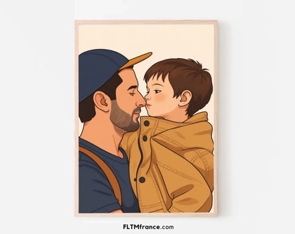 Affiche personnalisée dessin réaliste papa et enfant – Portrait digital illustration FLTM