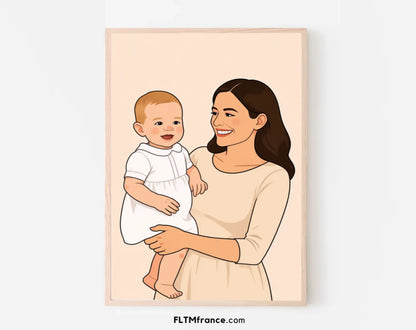 Affiche personnalisée dessin réaliste parrain et marraine – Portrait digital illustration FLTM