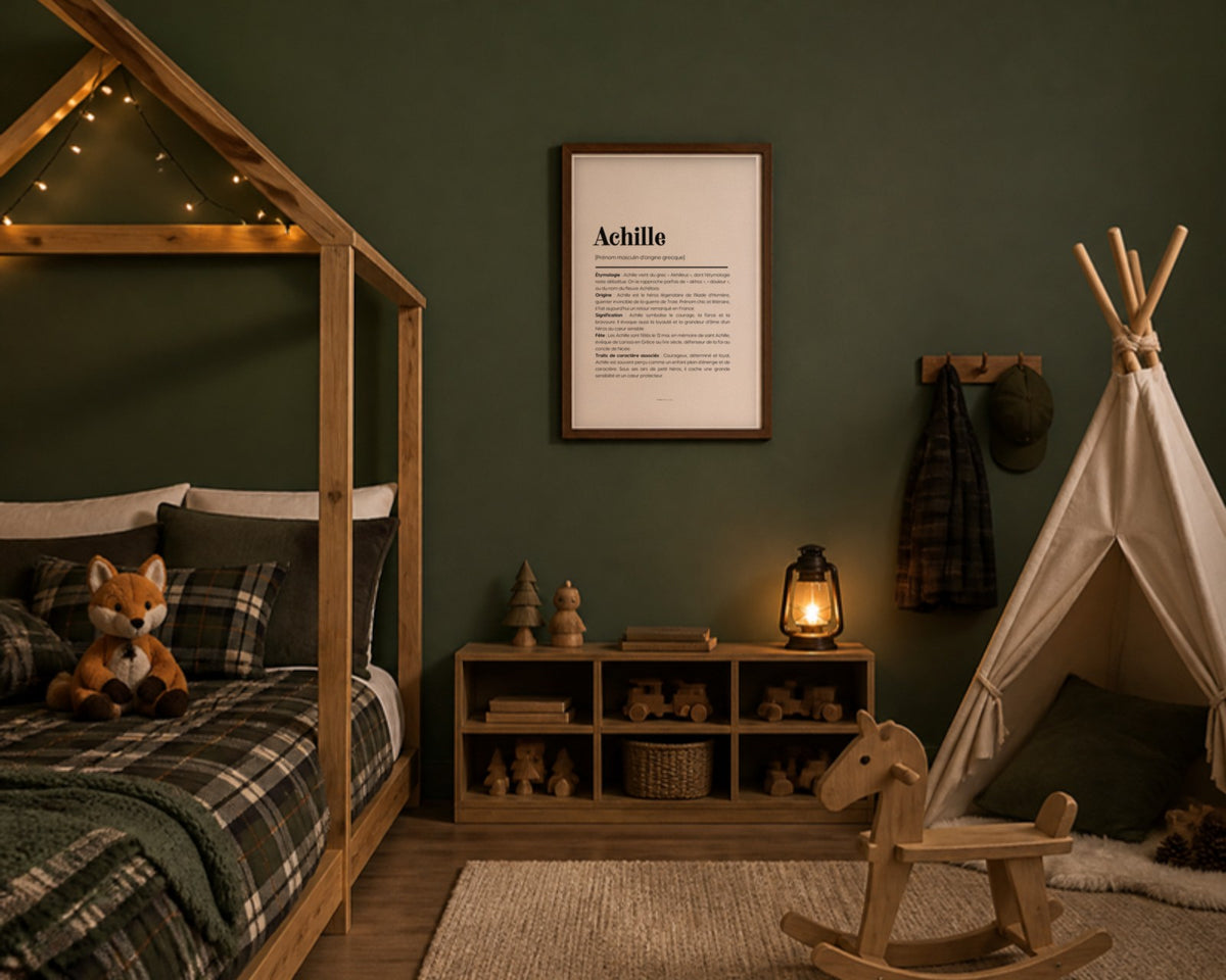 Affiche prénom Achille encadrée dans une chambre de petit garçon