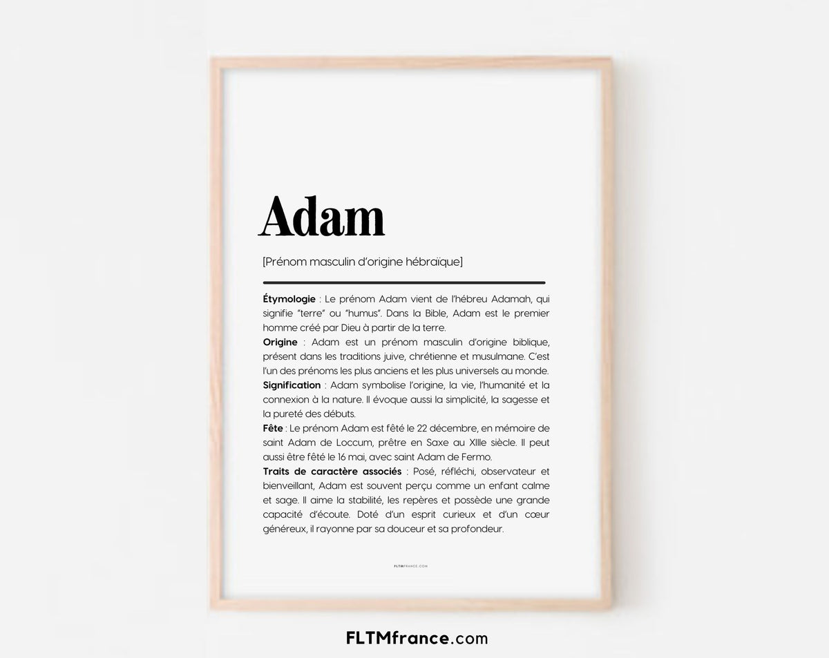 Affiche prénom Adam encadrée au mur : signification et origine du prénom Adam
