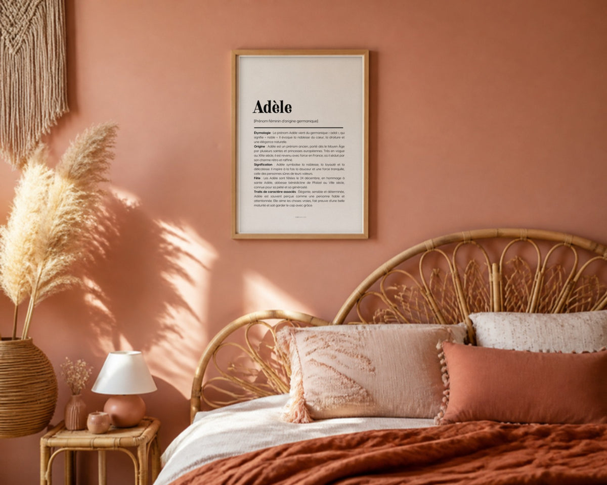Affiche prénom Adèle encadrée dans une chambre de petite fille