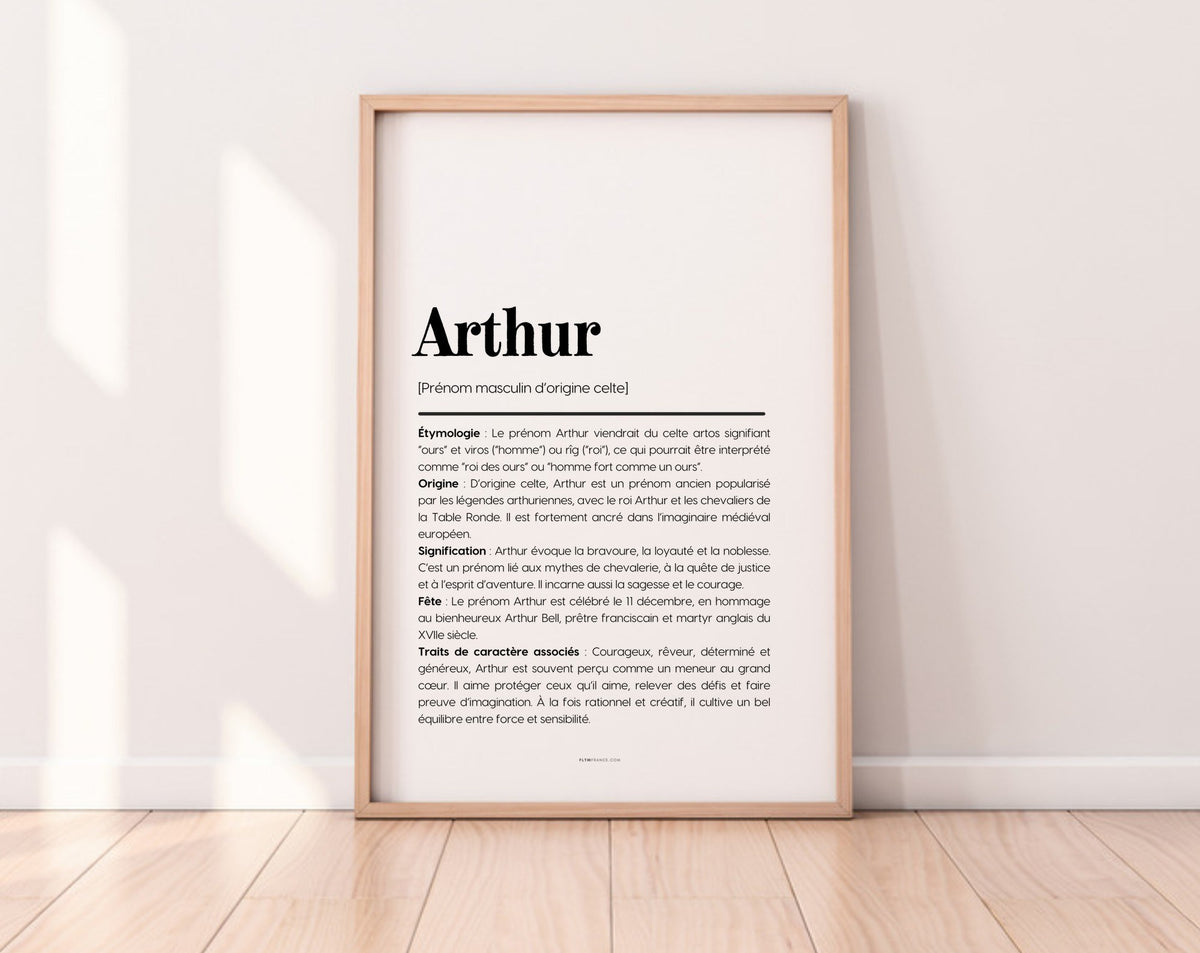 Affiche prénom Arthur à imprimer dans un cadre en bois posé au sol
