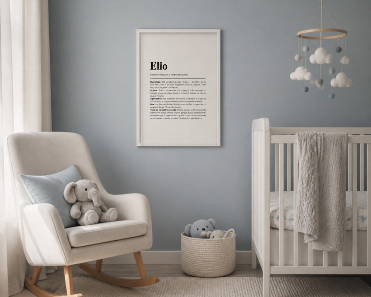Affiche prénom Elio encadrée dans une chambre de petit garçon