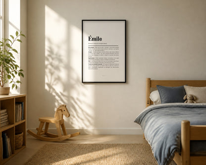 Affiche prénom Émile encadrée dans une chambre de petit garçon