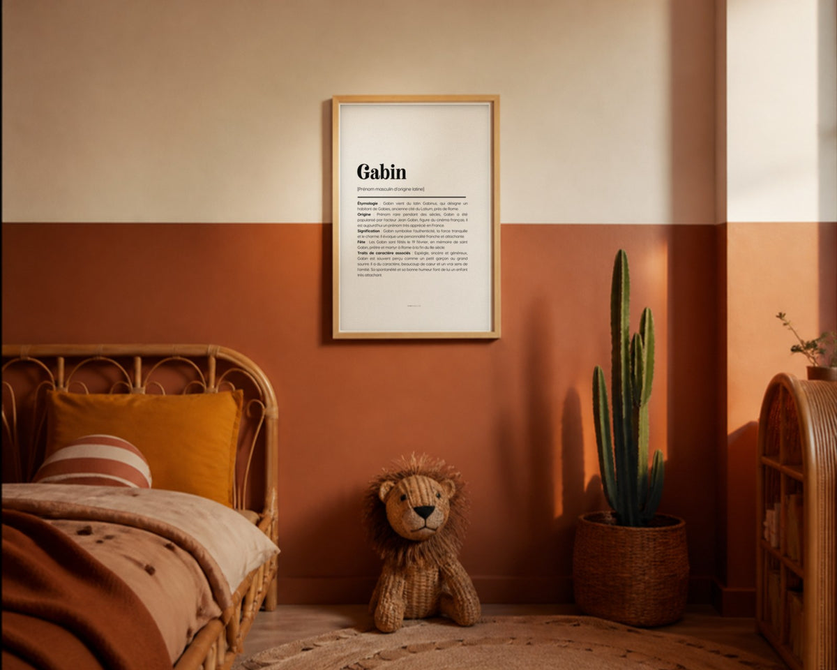 Affiche prénom Gabin encadrée dans une chambre de petit garçon