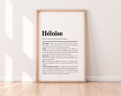 Affiche prénom Héloïse à imprimer dans un cadre en bois posé au sol