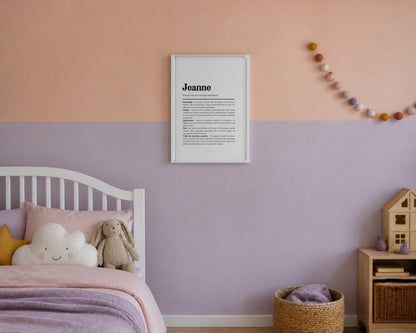 Affiche prénom Jeanne encadrée dans une chambre de petite fille