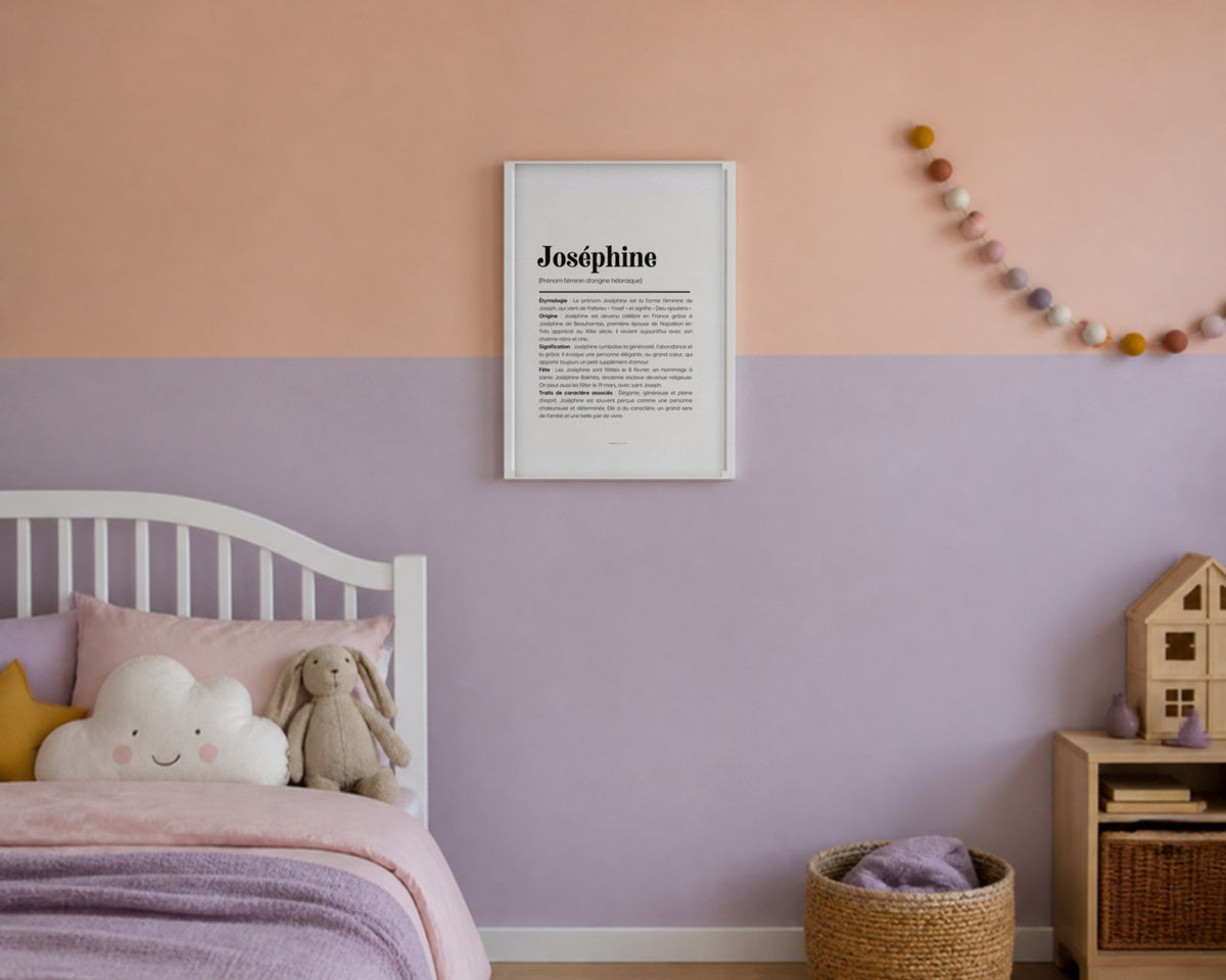 Affiche prénom Joséphine encadrée dans une chambre de petite fille