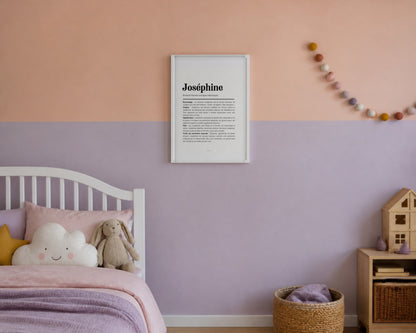 Affiche prénom Joséphine encadrée dans une chambre de petite fille