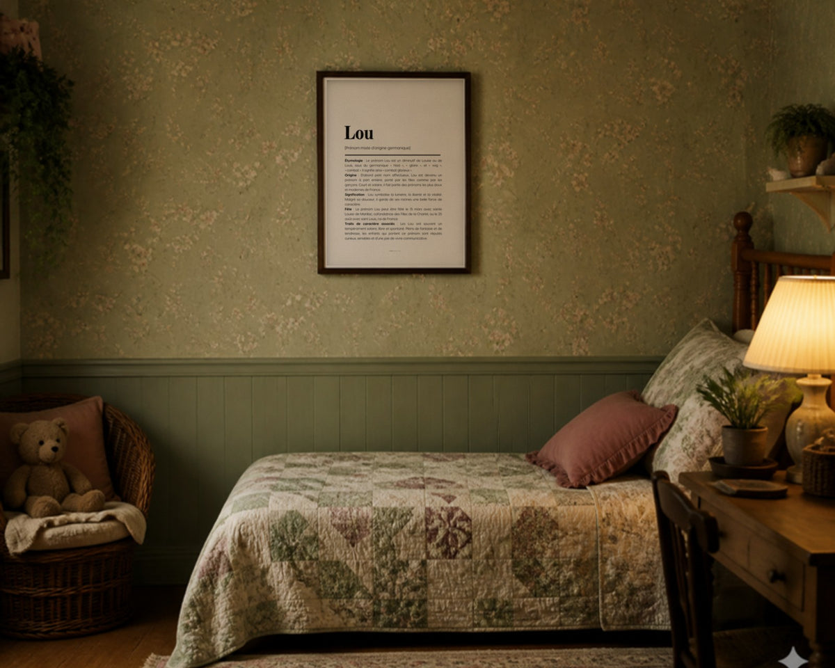 Affiche prénom Lou encadrée dans une chambre de petite fille