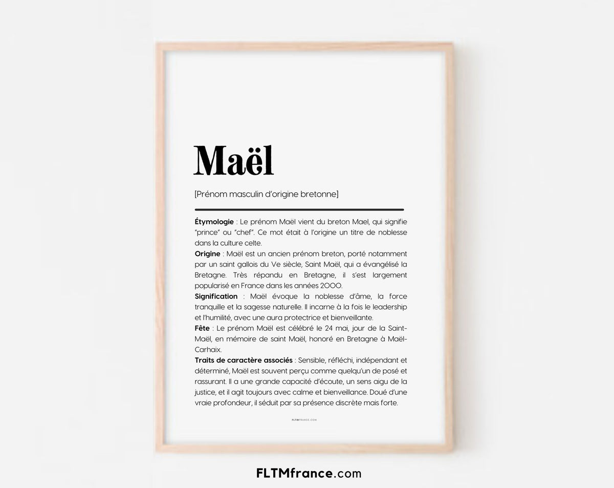 Affiche prénom Maël encadrée au mur : signification et origine du prénom Maël