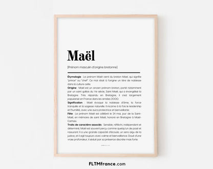 Affiche prénom Maël encadrée au mur : signification et origine du prénom Maël