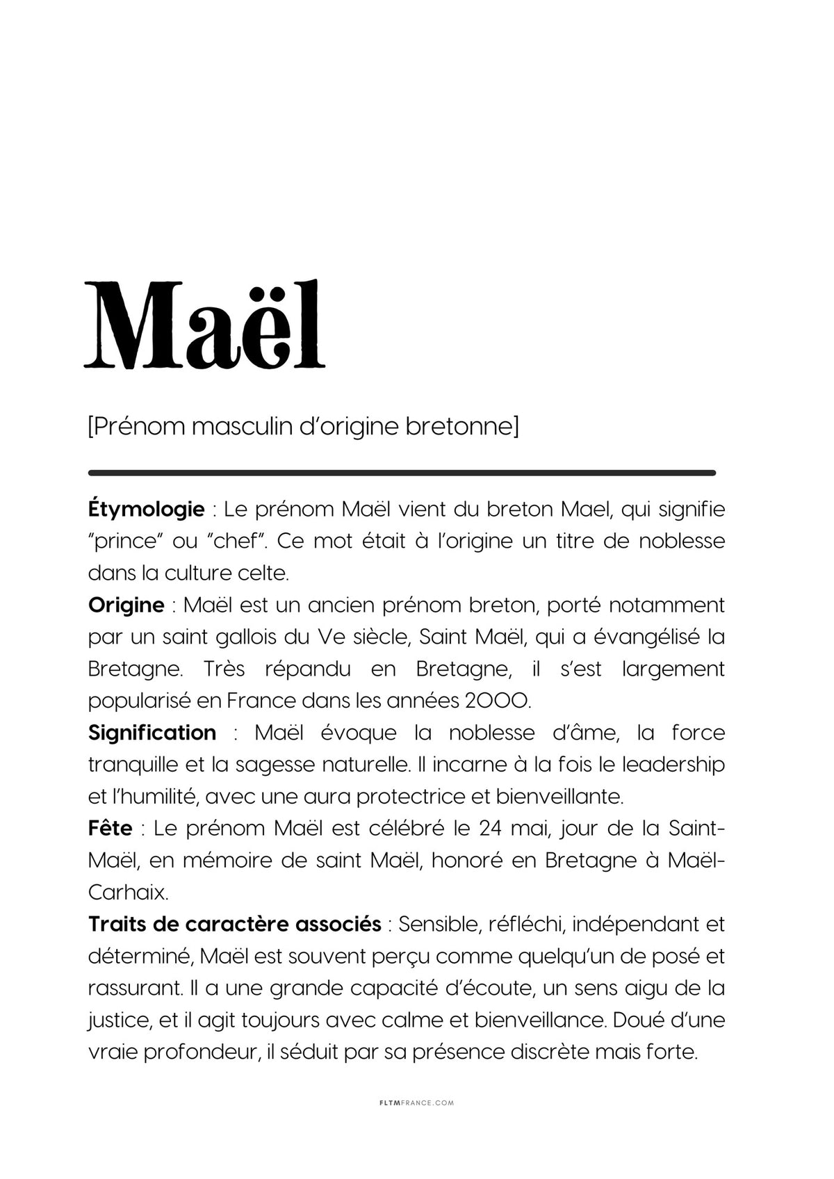 Affiche définition du prénom Maël à imprimer en PDF