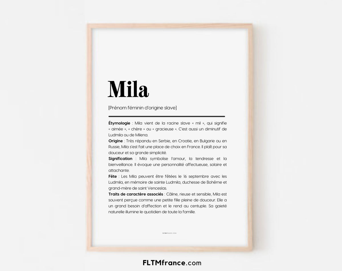 Affiche prénom Mila à imprimer FLTM
