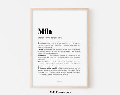 Affiche prénom Mila à imprimer FLTM