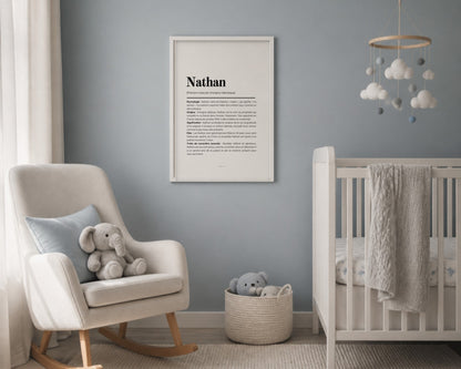 Affiche prénom Nathan encadrée dans une chambre de petit garçon