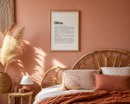 Affiche prénom Olivia encadrée dans une chambre de petite fille
