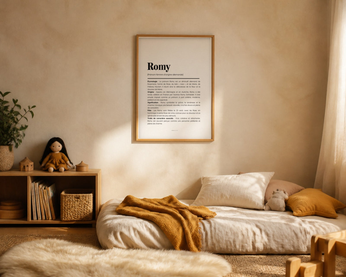Affiche prénom Romy encadrée dans une chambre de petite fille