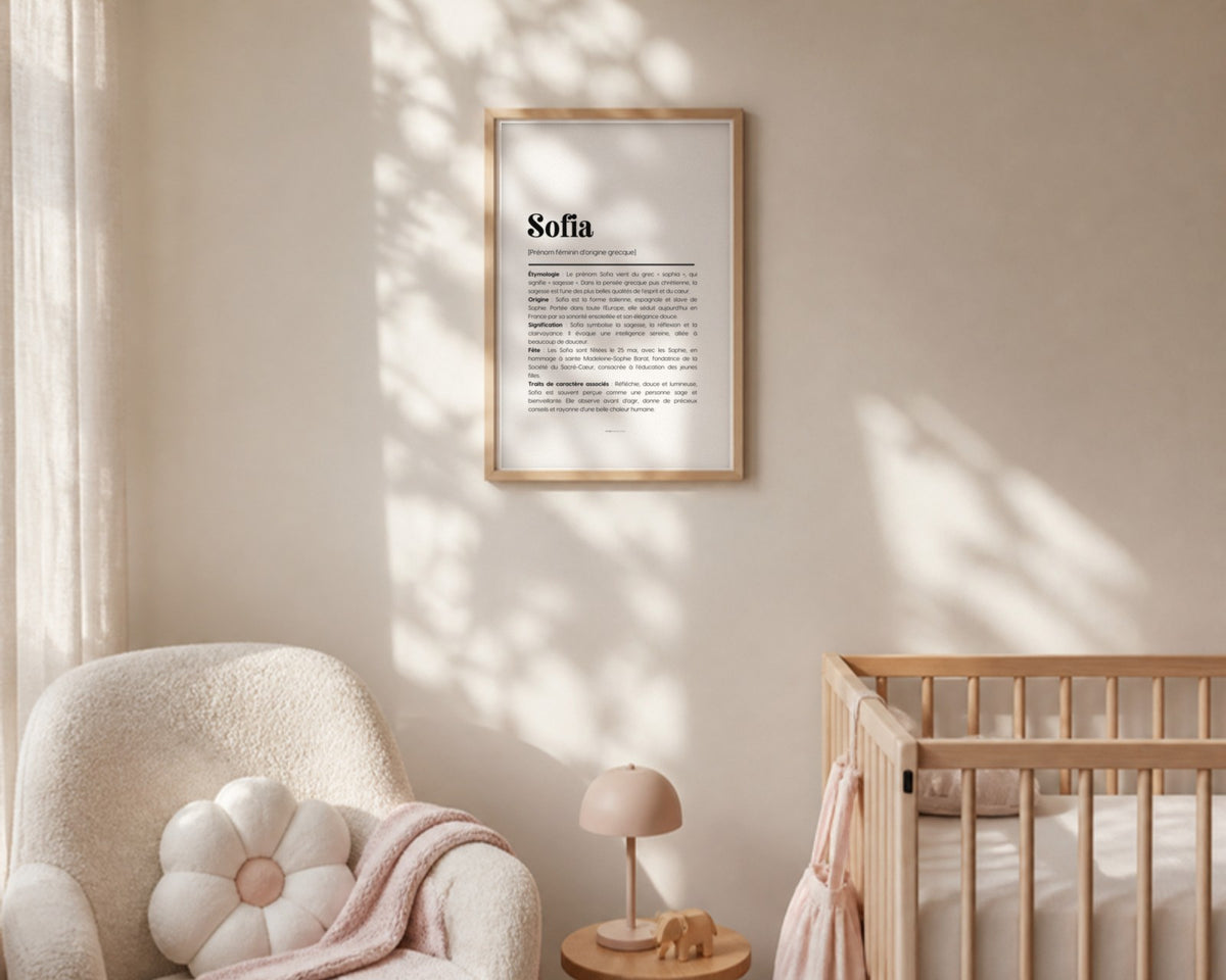 Affiche prénom Sofia encadrée dans une chambre de petite fille
