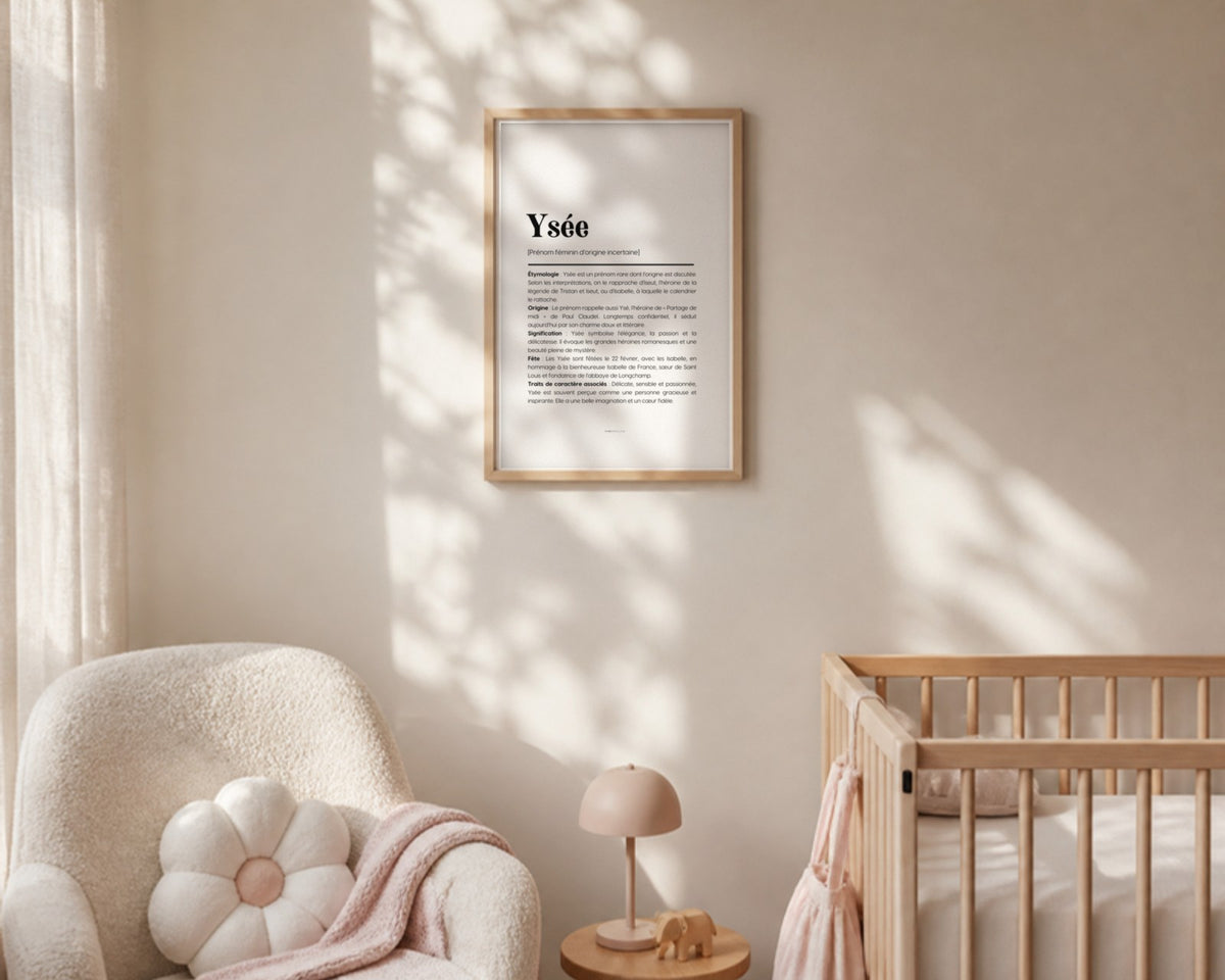 Affiche prénom Ysée encadrée dans une chambre de petite fille