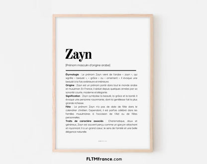 Affiche prénom Zayn à imprimer FLTM