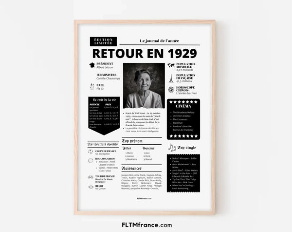 Affiche rétrospective année 1929 - Cadeau personnalisé 97 ans