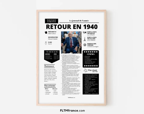 Affiche rétrospective année 1940 - Cadeau personnalisé 86 ans