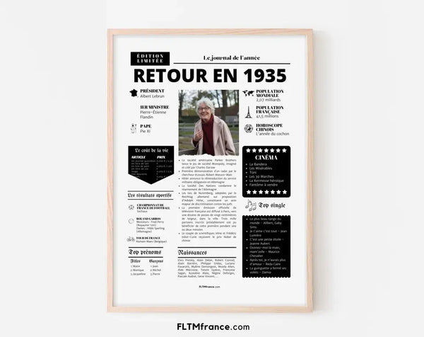 Affiche rétrospective année 1935 - Cadeau personnalisé 91 ans