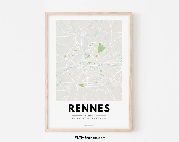 Affiche carte Rennes - Villes de France