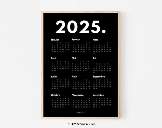 Calendrier 2025 minimaliste noir à imprimer FLTMfrance