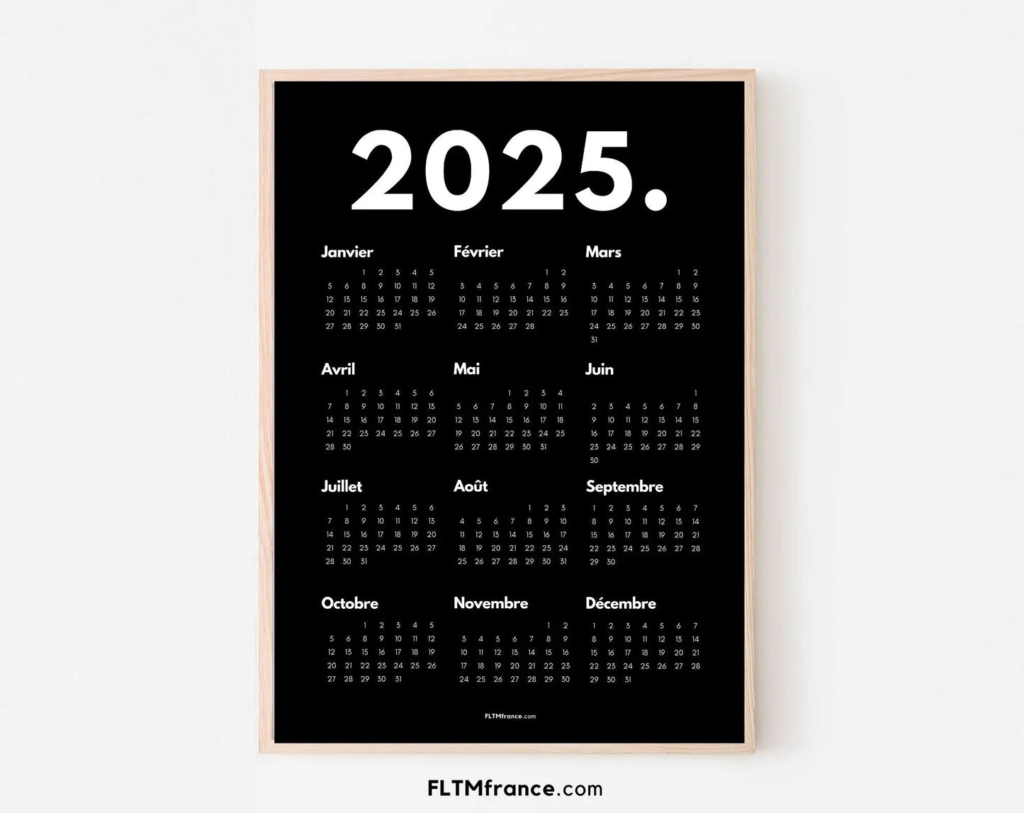 Calendrier 2025 minimaliste noir à imprimer FLTMfrance