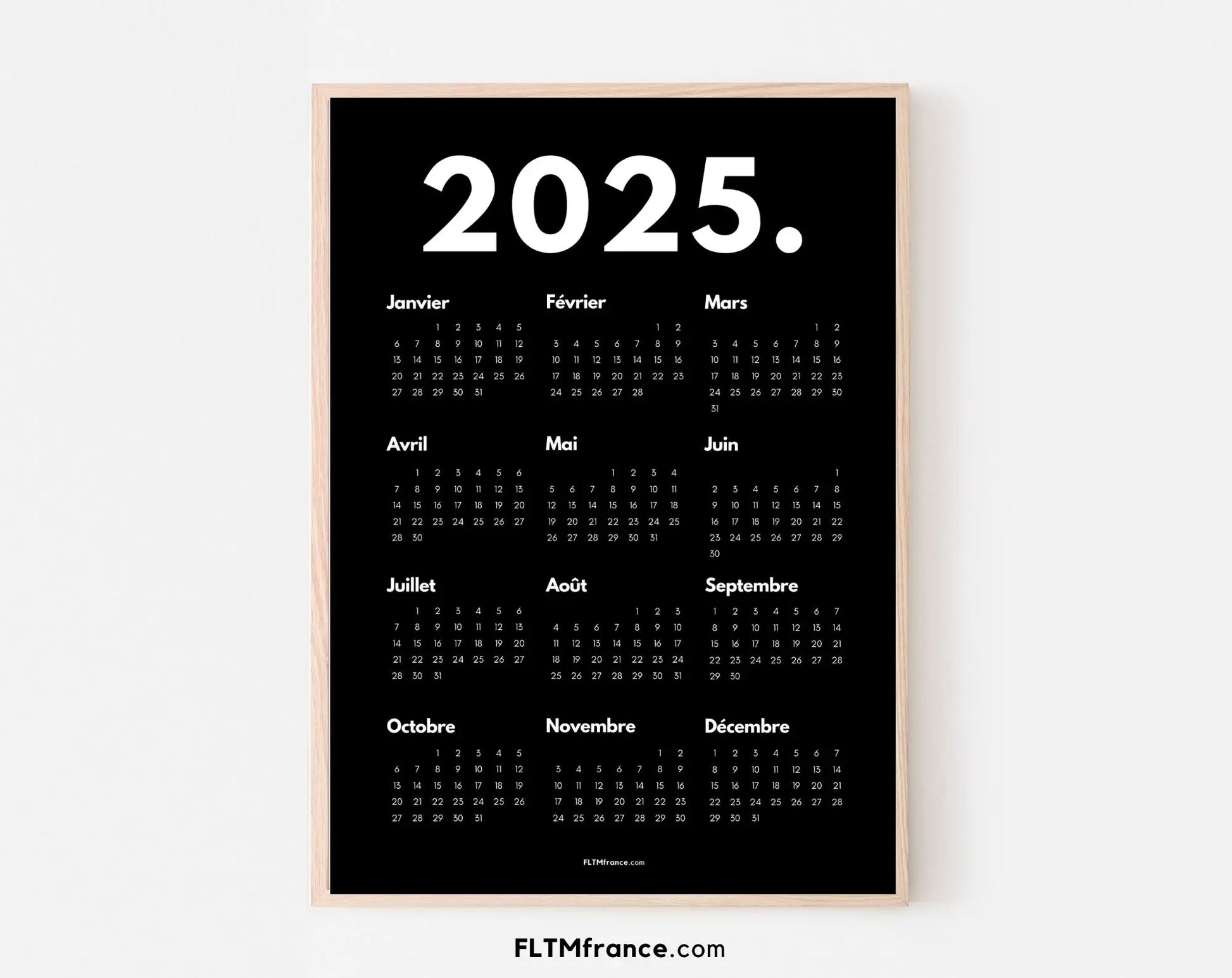 Calendrier 2025 minimaliste noir à imprimer FLTMfrance