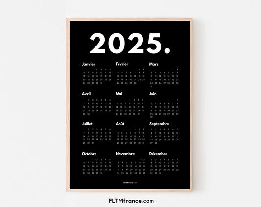 Calendrier 2025 minimaliste noir à imprimer FLTMfrance