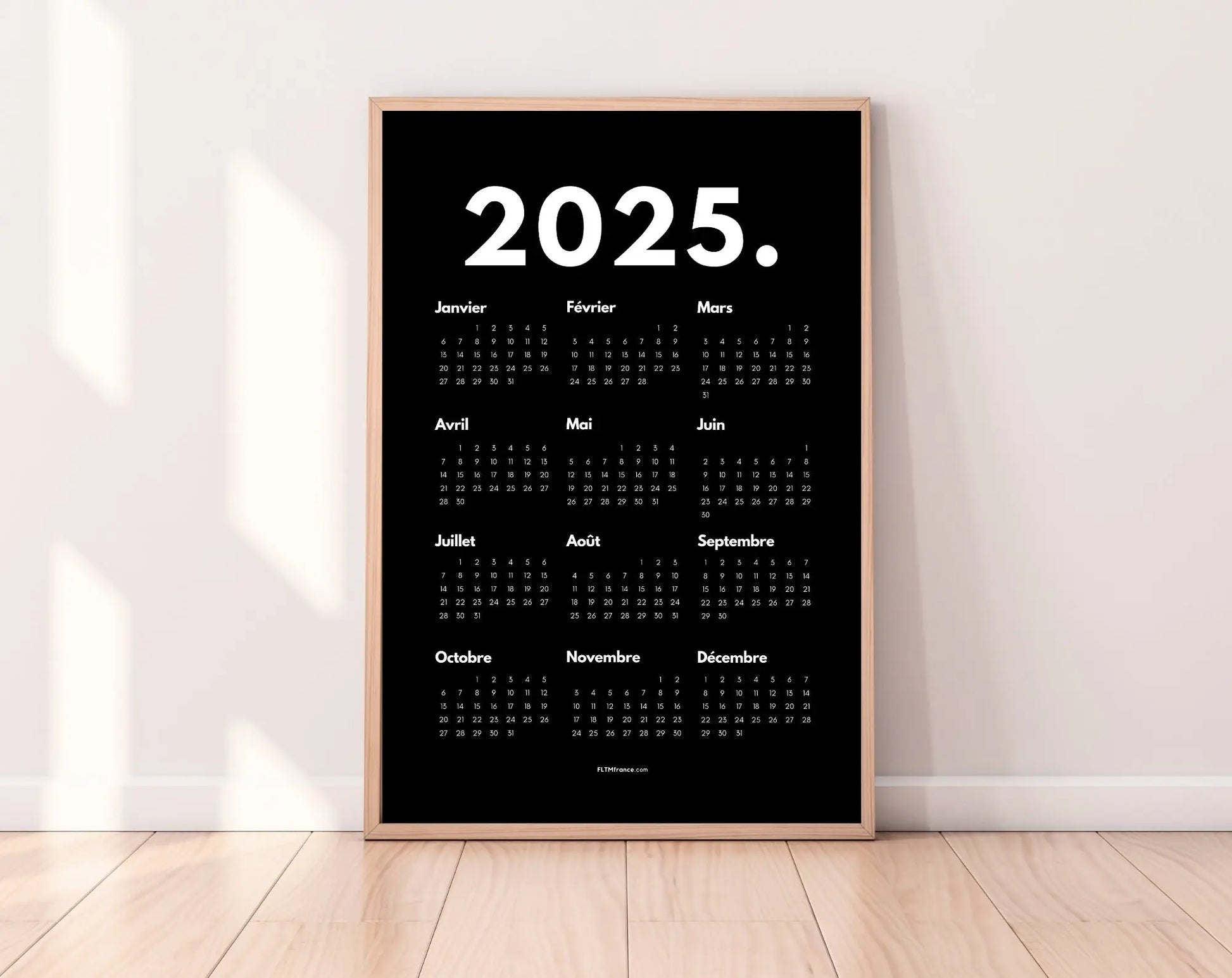 Calendrier 2025 minimaliste noir à imprimer FLTMfrance