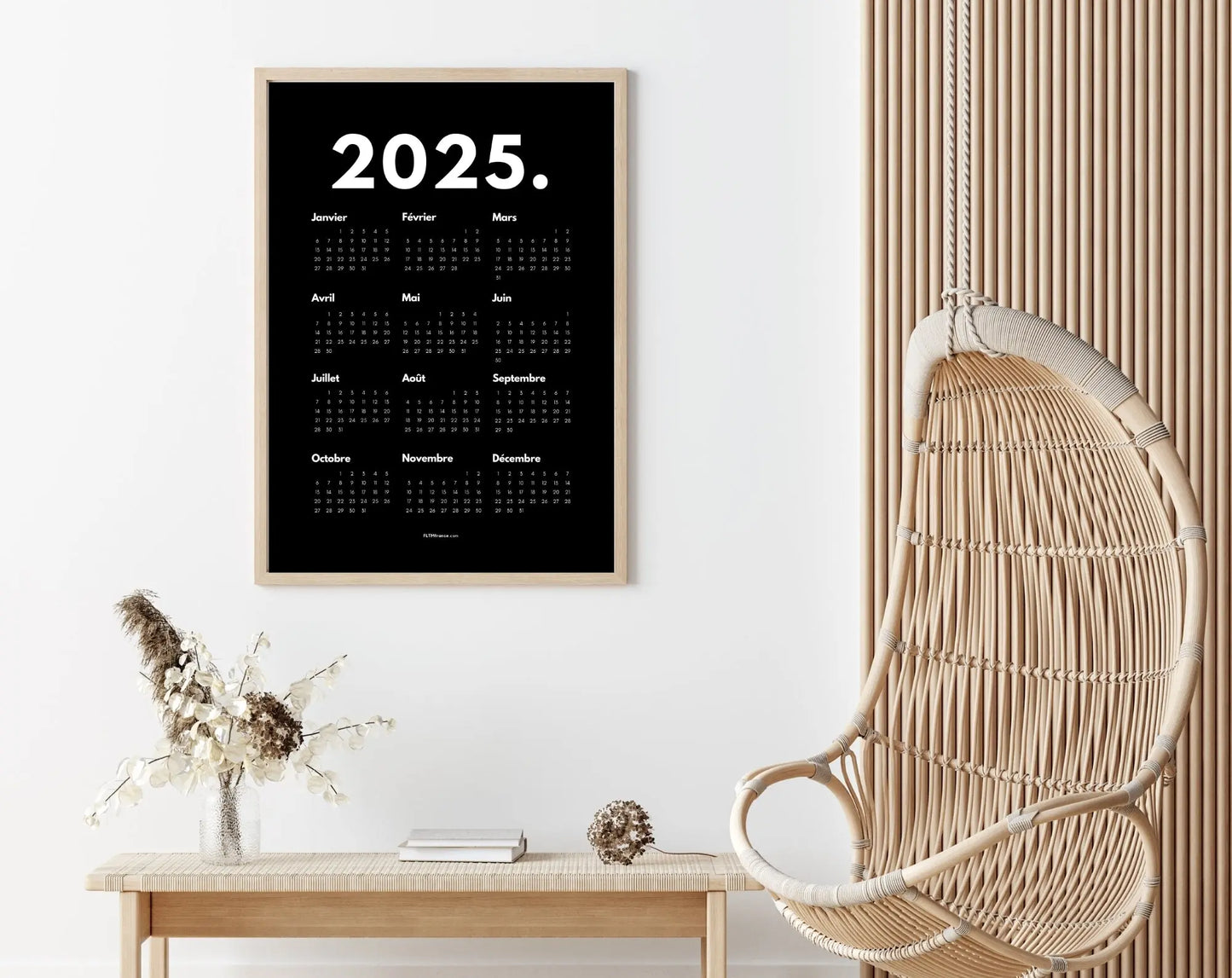 Calendrier 2025 minimaliste noir à imprimer FLTMfrance