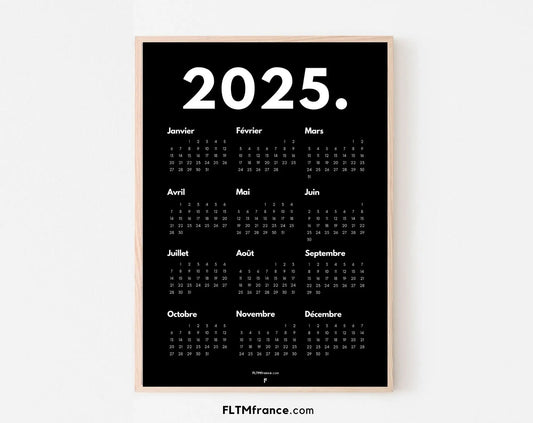 Calendrier 2025 minimaliste noir à imprimer FLTMfrance