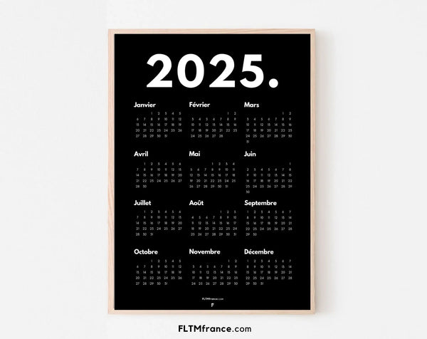 Calendrier 2025 minimaliste noir à imprimer