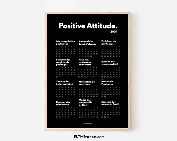 Calendrier Positive Attitude 2025 noir personnalisé - Affiche 2025 à imprimer