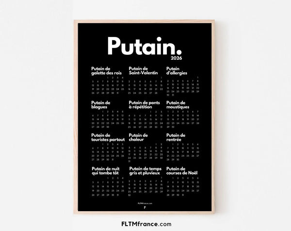 Calendrier Putain 2026 - Calendrier humour 2026 à imprimer