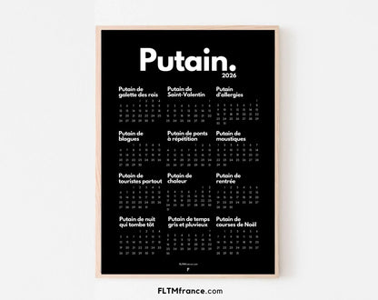 Calendrier personnalisé Putain 2026 - Calendrier humour à imprimer FLTMfrance