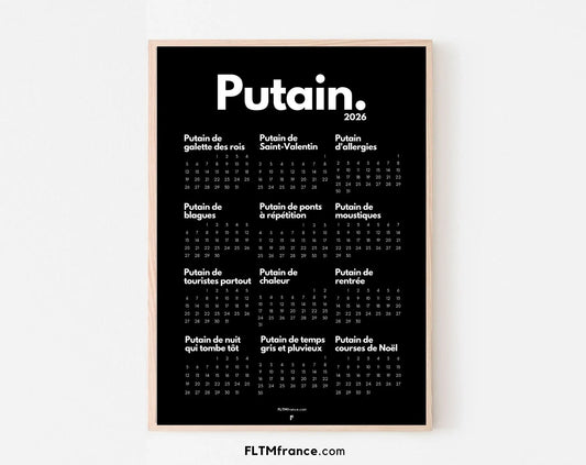 Calendrier personnalisé Putain 2026 - Calendrier humour à imprimer FLTMfrance