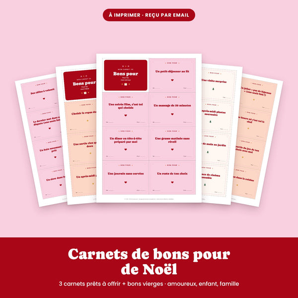 Carnet de bons pour Noël à imprimer - Coupons cadeaux amoureux, petits et famille
