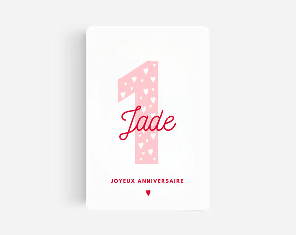Carte anniversaire 1 an fille rose - Carte personnalisée avec prénom à imprimer