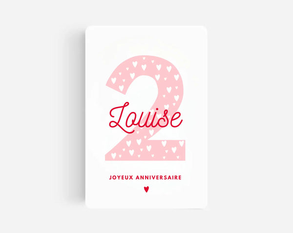 Carte anniversaire 2 ans fille rose - Carte personnalisée avec prénom à imprimer