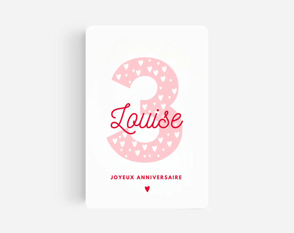 Carte anniversaire 3 ans fille rose - Carte personnalisée avec prénom à imprimer